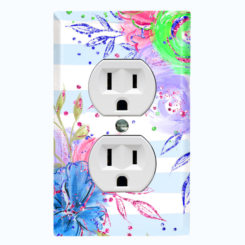 Metal Light Switch Plate Outlet Cover (Colourful Flowers Light Blue Stripe  - Single Duplex)