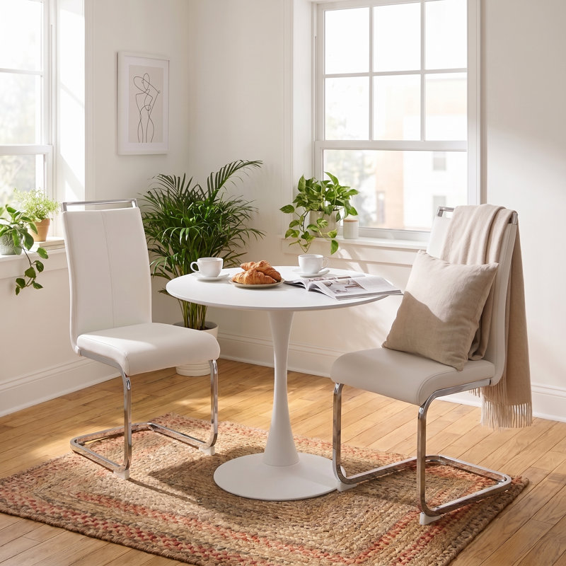Ensemble de salle à manger 3 pièces avec chaises en porte-à-faux en similicuir, Blanc, Blanc blanc, Blanc