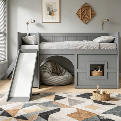 Full Size Wooden Low Loft Bed with Storage Shelves, Slide, Door and Window Design