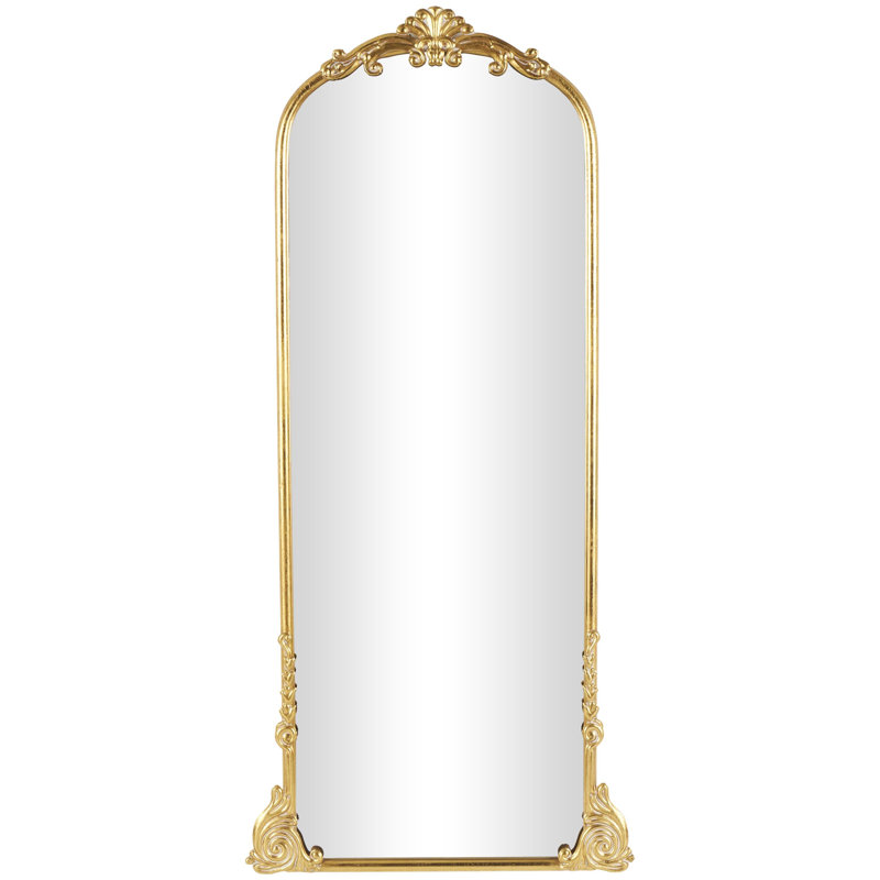 Audranna Gold Metal Scroll Tall Ornate Arched Baroque Room Floor Mirror, 28" x 1" x 48", Arch/Crowned top, 66" x 30"