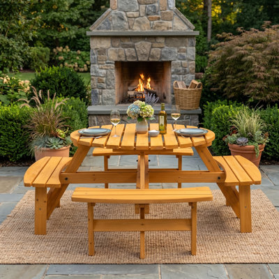 43.3" 8-Person Wooden Picnic Table with 4 Built-in Benches, Brown
