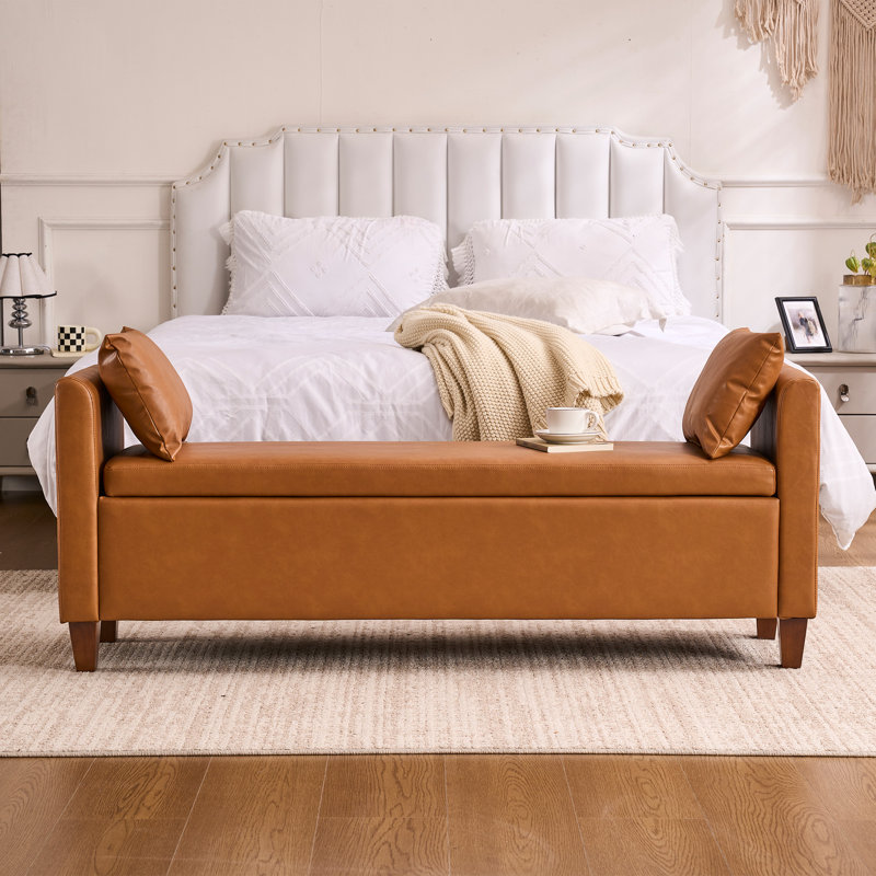 Banc de rangement rembourré 60 po avec accoudoirs Shaneta, Simili cuir, Camel