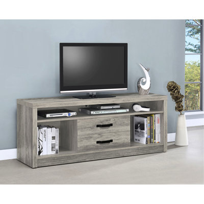 Tv Stand With A Grey Driftwood Finish And Two Drawers, Engineered Wood Construction, Rustic Weathered Appearance, Long - Lasting Use, Versatile Shape, 59 Inches Product Width Featuring Shade, Drawers