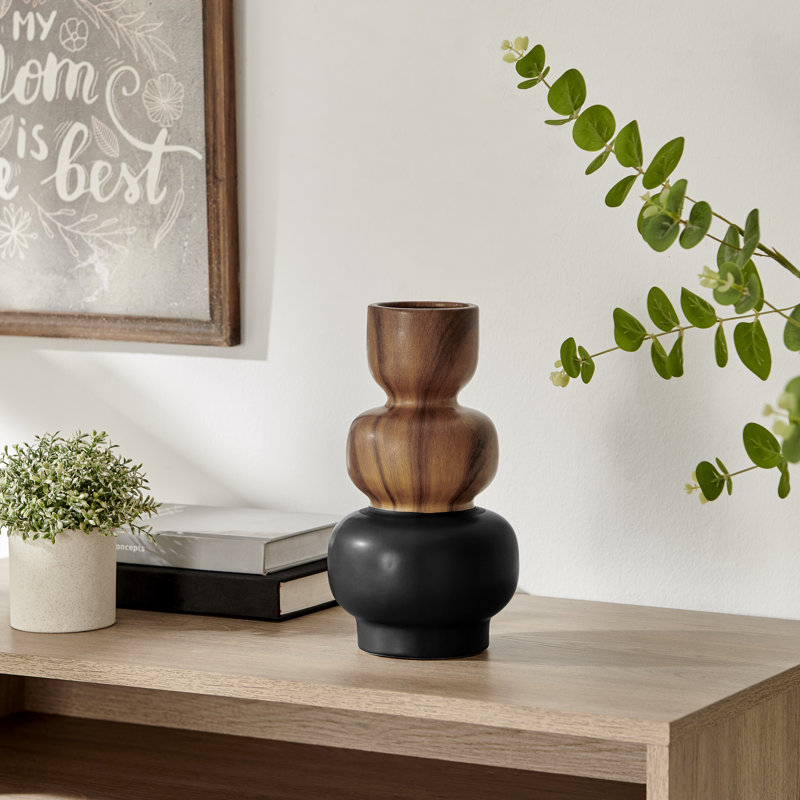 Masanari Kande Carafe Modern Two Tone Tabletop Vase - Black And Walnut - Small, 10" H x 5.5" W x 5.5" D