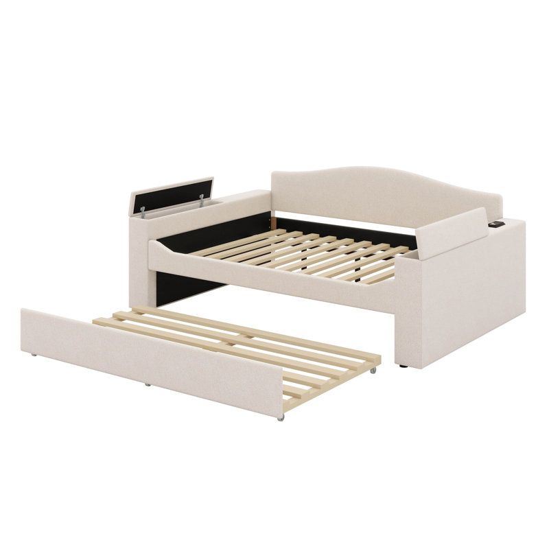 Lit de jour double rembourré en molleton avec lit gigogne et accoudoirs de rangement, structure de canapé avec système audio Bluetooth intégré et ports de charge USB