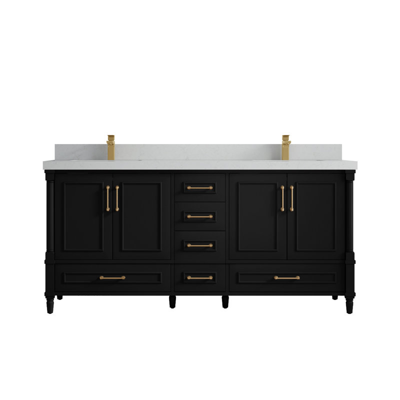 Aberdeen 72'' Double Bathroom Vanity with Top, Carrara Quartz, Black