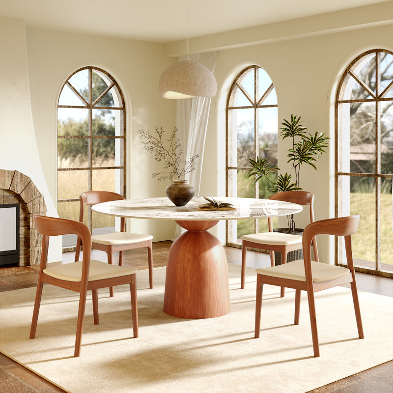 Mid-Century Modern Round Dining Table, 39"/43"/47"/53"/59" Sintered Stone Top, Solid Wood Base, Farmhouse Kitchen Table, Stain & Scratch Resistant