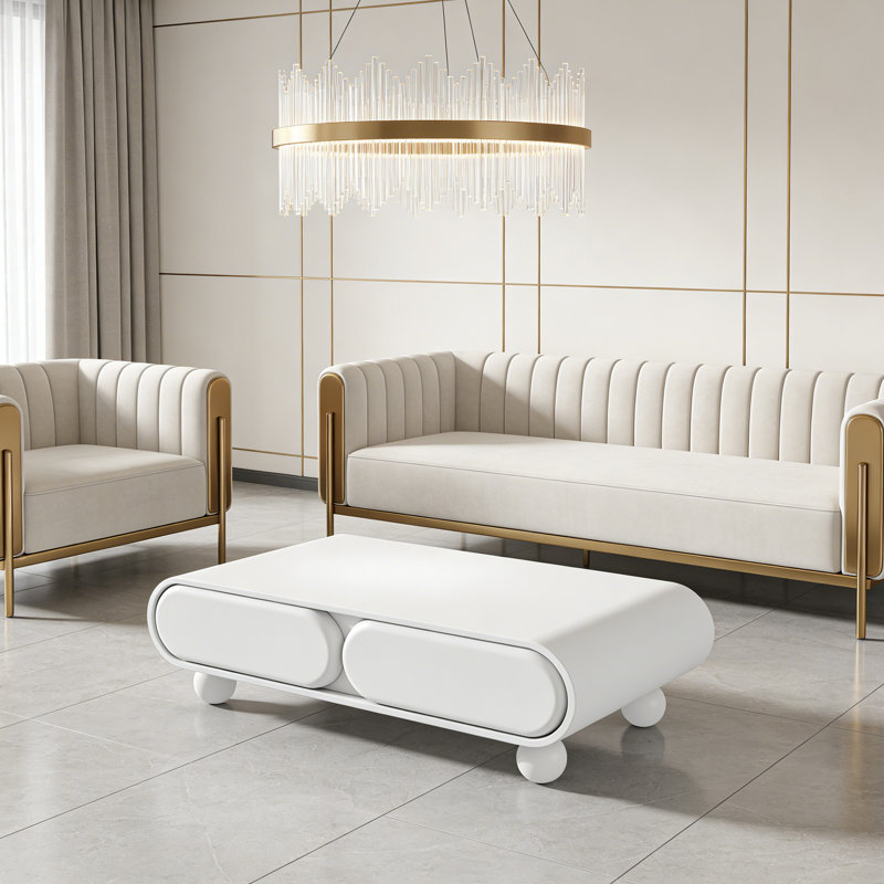 Table basse de luxe avec pieds ronds et tiroir de rangement, Blanc, H 15,74 po x L 43,3 po x l 23,62 po