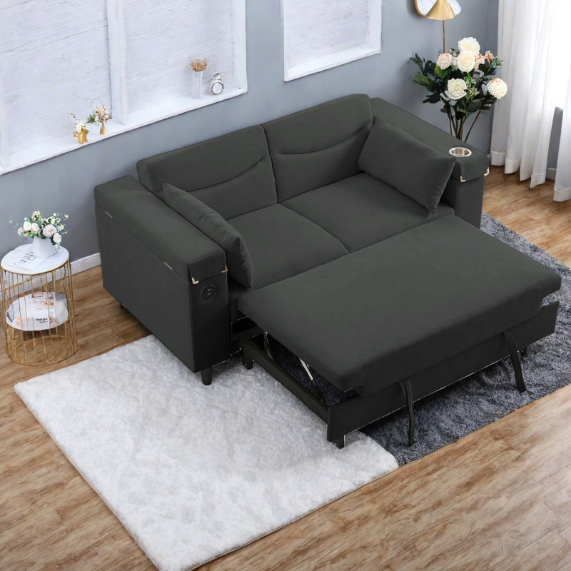 Canapé multifonctionnel en chenille gris foncé, style moderne avec USB et rangement