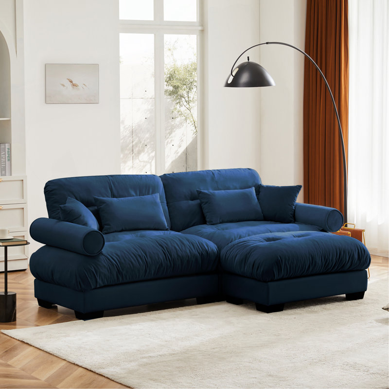 Over Size Modern Two-Seater Sofa With Ottoman, Velvet 2-Seater With Round Bolster Armrests,With Waist Pillow And Throw Pillows,Small L Shape Sofa For Living Room, Reading Room  Blue