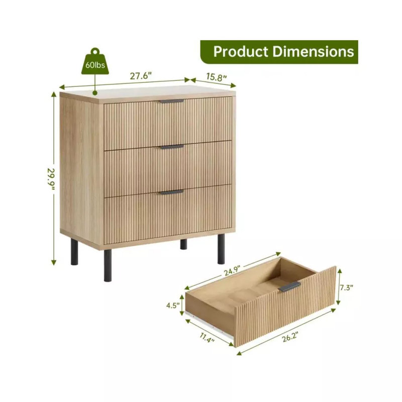 Commode 3 tiroirs cannelée, commode large moderne avec pieds en métal, armoire de rangement en bois pour chambre à coucher, salon, entrée, couleur bois