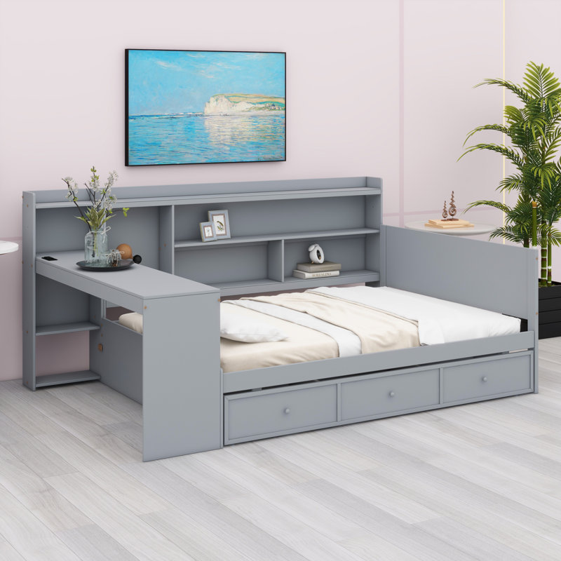 Lit de jour avec 3 tiroirs, ports USB et bureau, Grey