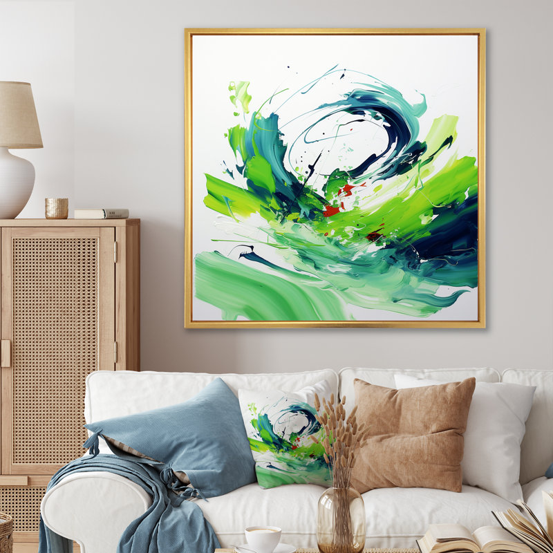 «Green Abstract Ink Expression II», art mural abstrait, Cadre flottant doré, H 36 po x l 36 po x P 1,5 po
