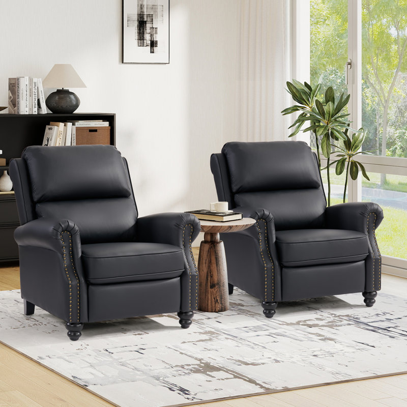 Fauteuil inclinable classique en similicuir de 34,6 po de largeur avec garniture cloutée (ensemble de 2), Gris caoutchouc