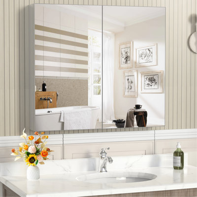 Armoire de rangement pour miroir de salle de bain 32 po x 28 po, structure en aluminium, étagère réglable, imperméable, rangement argenté contre la corrosion, compartiments de grande capacité, formaldéhyde