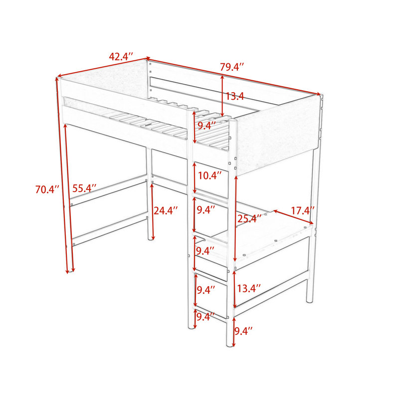 Lit mezzanine simple avec bureau et garde-corps de sécurité