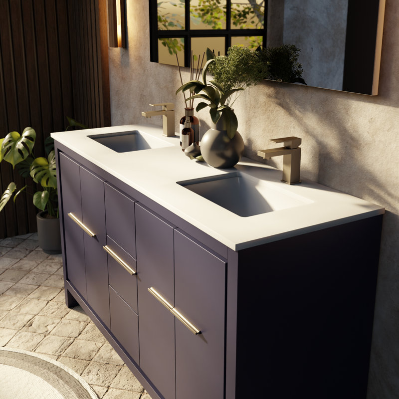 Lafarre 60 in W x 20 in D Double Bath Vanity and Top, Navy Blue, White Cultured Marble