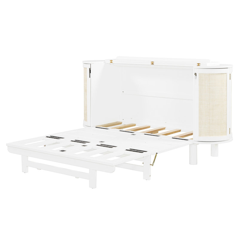 Lit double avec rangement caché et conception tissée en blanc - pour et chambres d'amis Matelas pliable Installation facile à l'avant des tiroirs Détails sur les armoires latérales