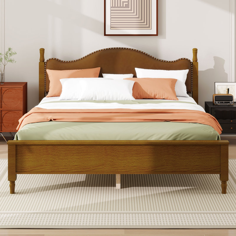 Lit plateforme en bois avec tête de lit rembourrée, lit plateforme moderne avec tête de lit, Cadre brun + tête de lit brune
