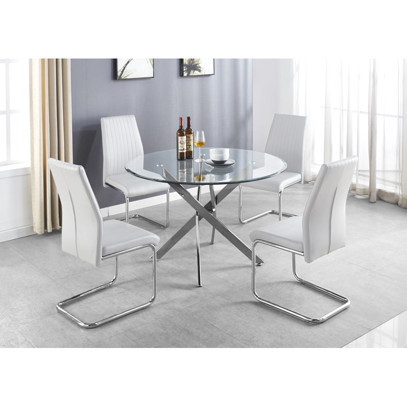 Tierra Modern Chrome Metal & Glass Round Dining Table Set with 4 Upholstered Faux Leather Chairs, White