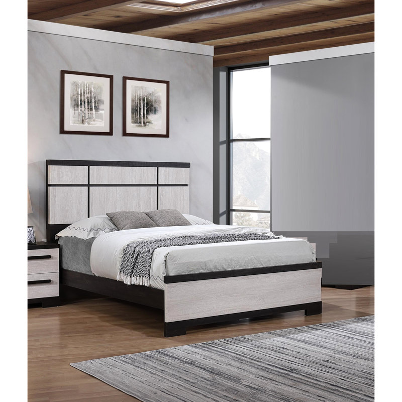 Cadre de lit très grand contemporain avec tête de lit à panneau, finition craie ébène, pièce principale en bois, pièce de chambre à coucher, assemblage rapide, construction, sommier tapissier requis
