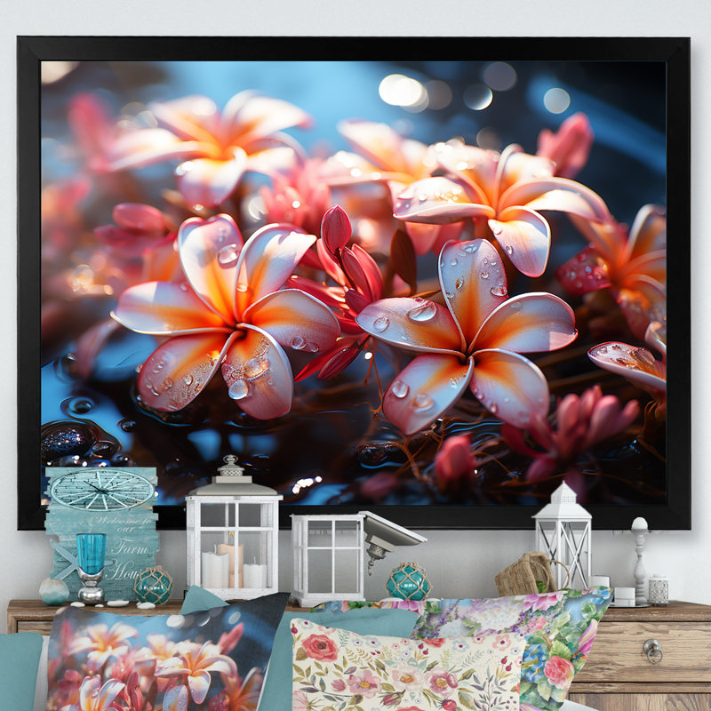 «Tropical Tropical Colorful Plumeria Wonderland II», reproduction sur toile, Cadre photo noir simple