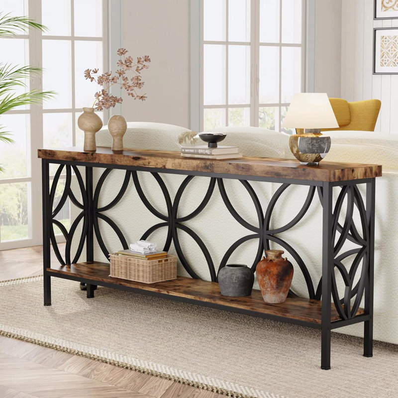Console industrielle extra longue de 70,9 po, table de canapé étroite derrière le canapé avec tablettes de rangement ouvertes, table d'entrée rustique