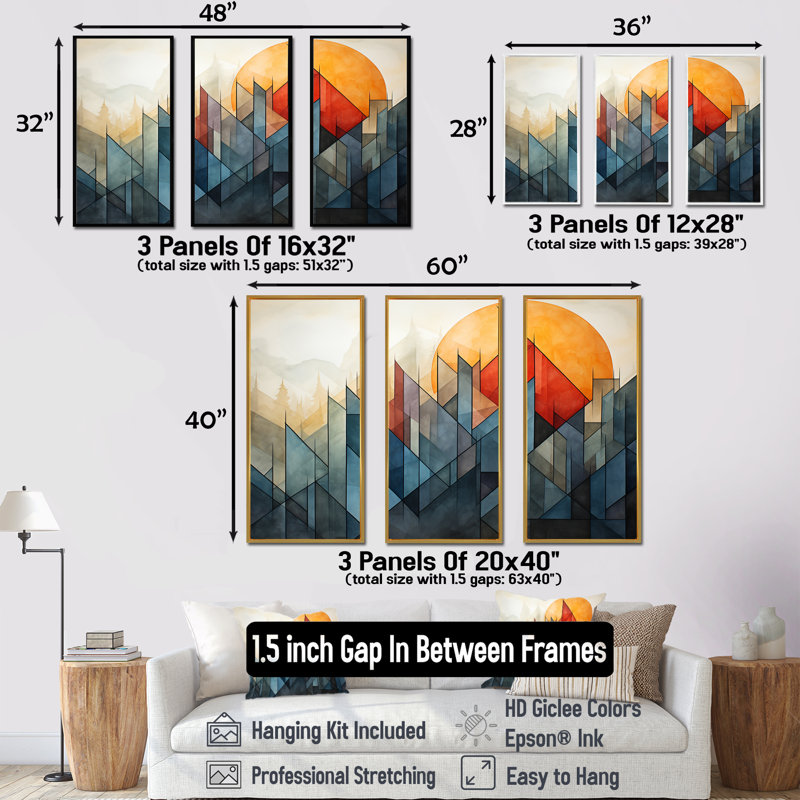 Paysage de montagne abstrait orange et vert - Art abstrait paysage mural, Cadre flottant noir, H 28 po x l 36 po x P 1 po