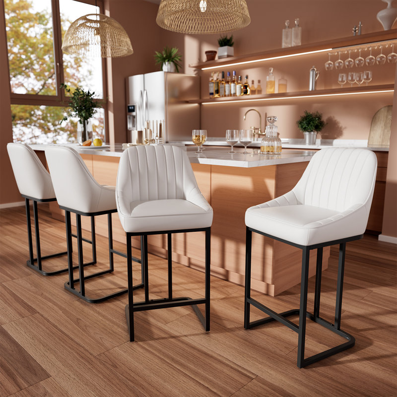 Bar Stools Set of 4, 24 Inch Barstools with Metal Legs, White Leather Farmhouse Upholstered Counter Height Bar Stool for Kitchen, Dining, Bar