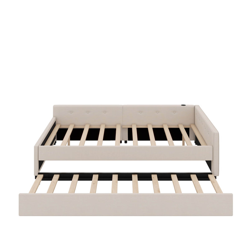 Upholstered Platform Bed With USB And Trundle, Queen