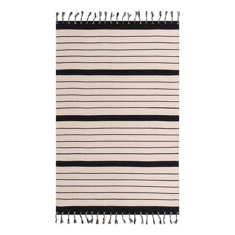 Tapis noir / blanc en coton tissé à la main Chindi, Rectangle 6 pi 1 po x 9 pi