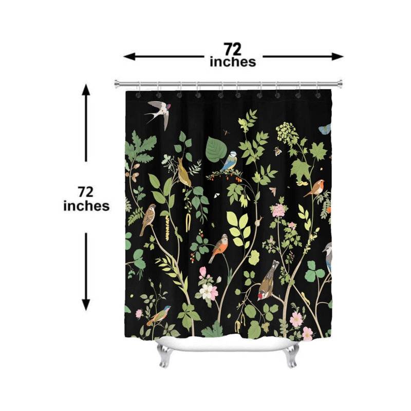 Background Bird Floral Shower Curtain Apartment Washroom Black Dark 72 x 72 inch