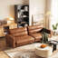 Canapé trois places de style moderne du milieu du siècle, en similicuir brillant, avec assises profondes et dossier capitonné, idéal pour le salon ou un appartement.