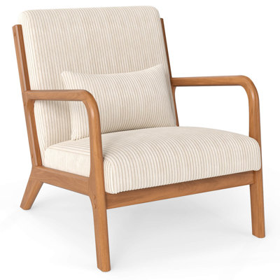 1 fauteuil d'appoint moderne en velours côtelé avec accoudoirs en bois d'hévéa beige et brun