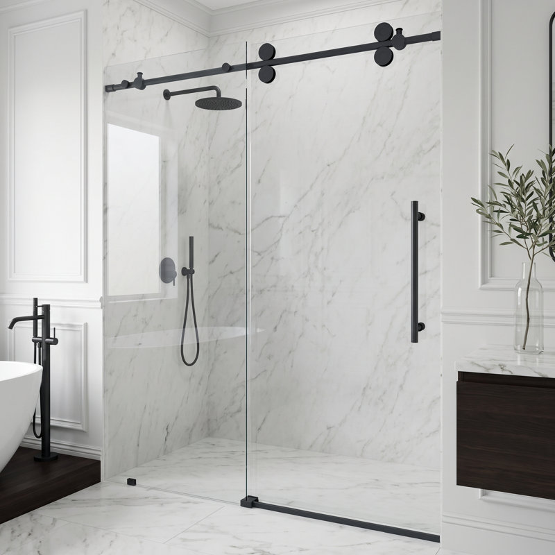 Porte de douche coulissante sans cadre avec verre transparent 3/8 po l 52-56 po x H 74 po Elan, Noir mat