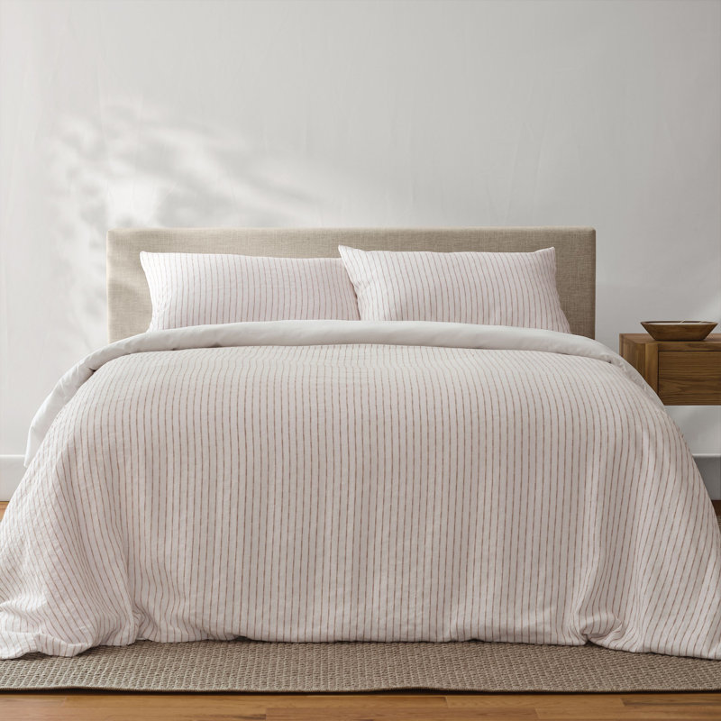 Literie en lin et coton - 4/4 - Rayures texturées blanches et argile, Housse de couette pour grand lit + 2 taies décora