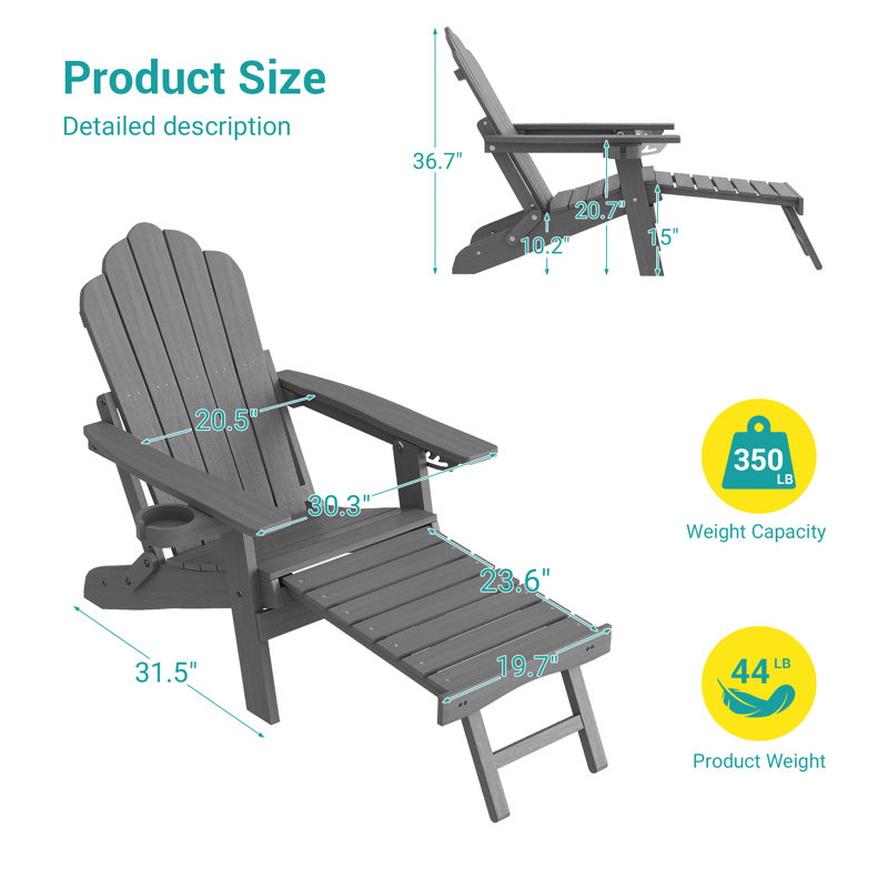 4pcs Folding Adirondack Chair with Retractable Ottoman and Cup Holder Adjustable Adirondack Chair with Footrest Set, Gray