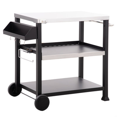 Three-Shelf Outdoor Grill Cart With Stainless Steel Tabletop, Side Handle, 32" X 20.5" Multifunctional Pizza Oven Stand, Movable Food Prep Table On Wheels