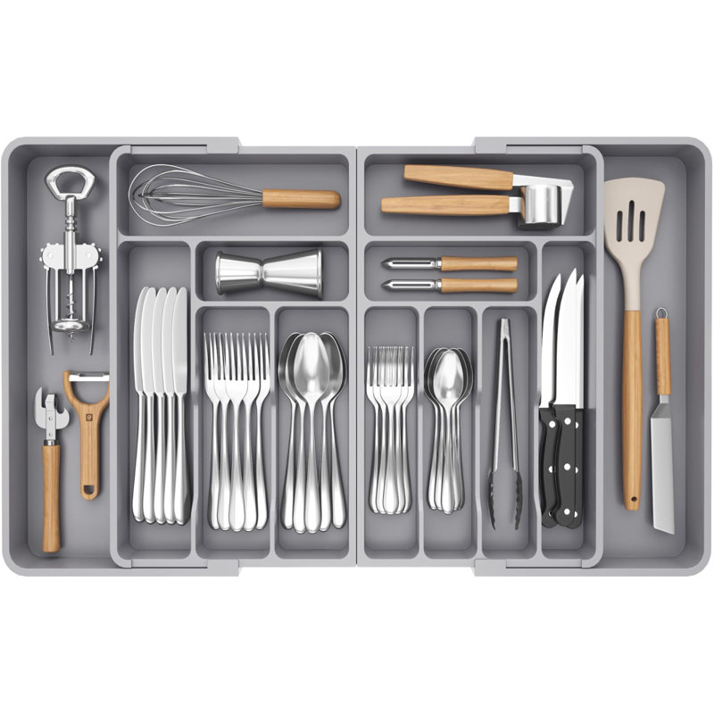 Large Silverware Drawer Organizer, Expandable From 21 To 36 Inches, BPA Free Plastic Utensil Tray For Kitchen, Adjustable Flatware And Cutlery Holder For Spoons Forks Knives, Gray