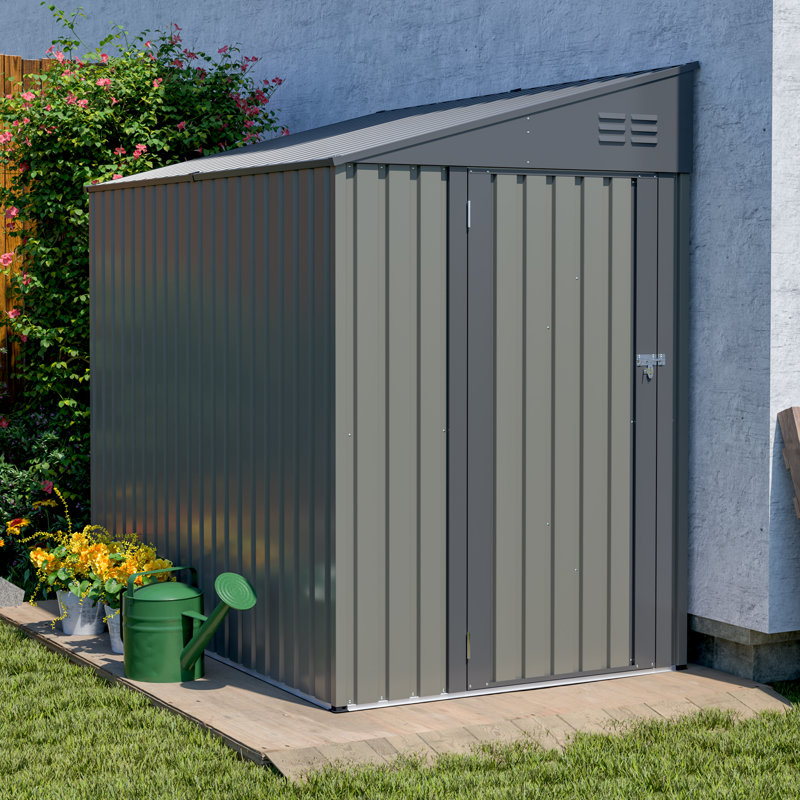 4X7 Lean To Metal Shed - Gray, Heavy-Duty Outdoor Storage For Bikes, Tools, Lawn Mowers & Firewood, Rust-Resistant Wall Side Design Sheds With Lockable Door, Waterproof Coating & Sloped Roof