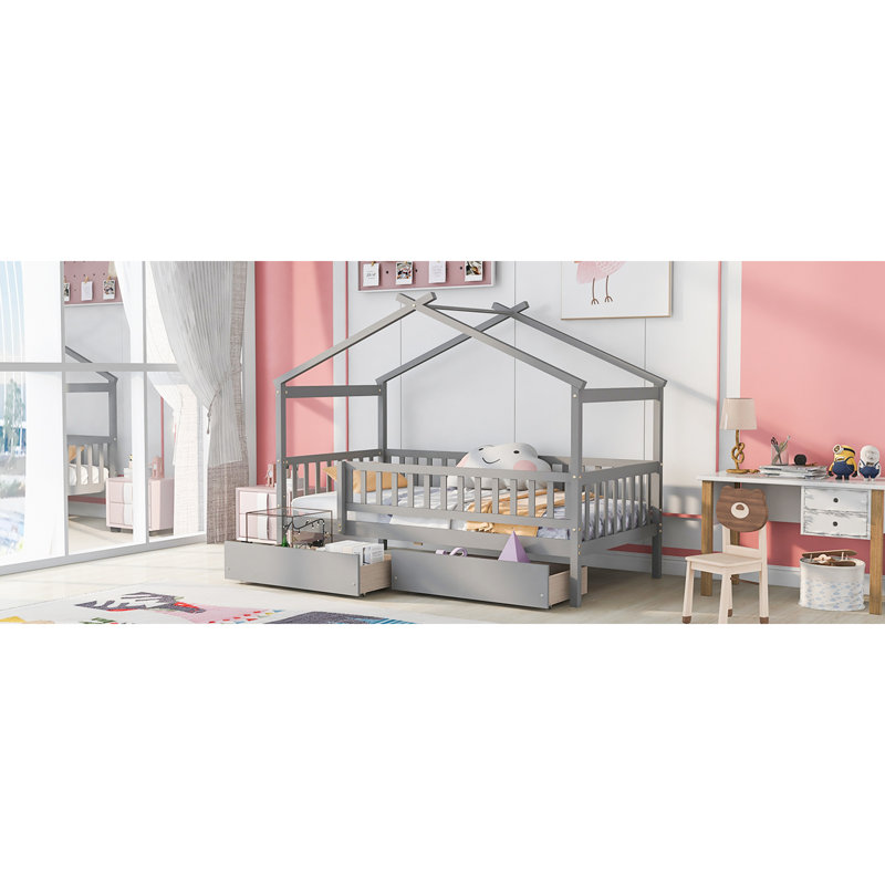 Lit simple en bois avec deux tiroirs, Gris