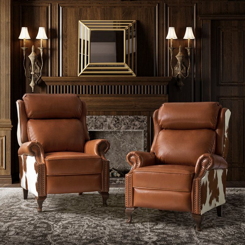 Terecita Traditional Richard Cowhide Genuine Leather Manual Recliner (Set of 2), Sand