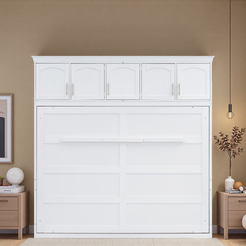 Lit escamotable mural avec armoires supérieures Murphy, Lit double, Blanc