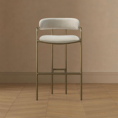 Serene Mid-Century Modern Polyester Upholstered Stainless Steel Bar Stool in Alabaster