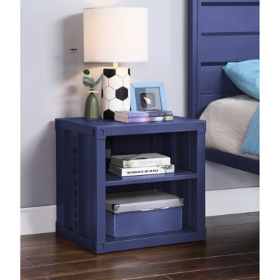 Table de chevet avec finition bleue, 2 compartiments ouverts, fabrication en tôle d'acier, espaces de rangement à fonctionnalité industrielle, métal, chic