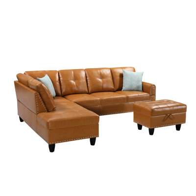 L - Shaped Sectional Of Faux Leather With Cup Holders On Middle Seat, Ideal For Entertainment Time, Includes Two Toss Pillows And Matching Interior Storage, Solid Wood Frame, Foam Cushions, Rounded
