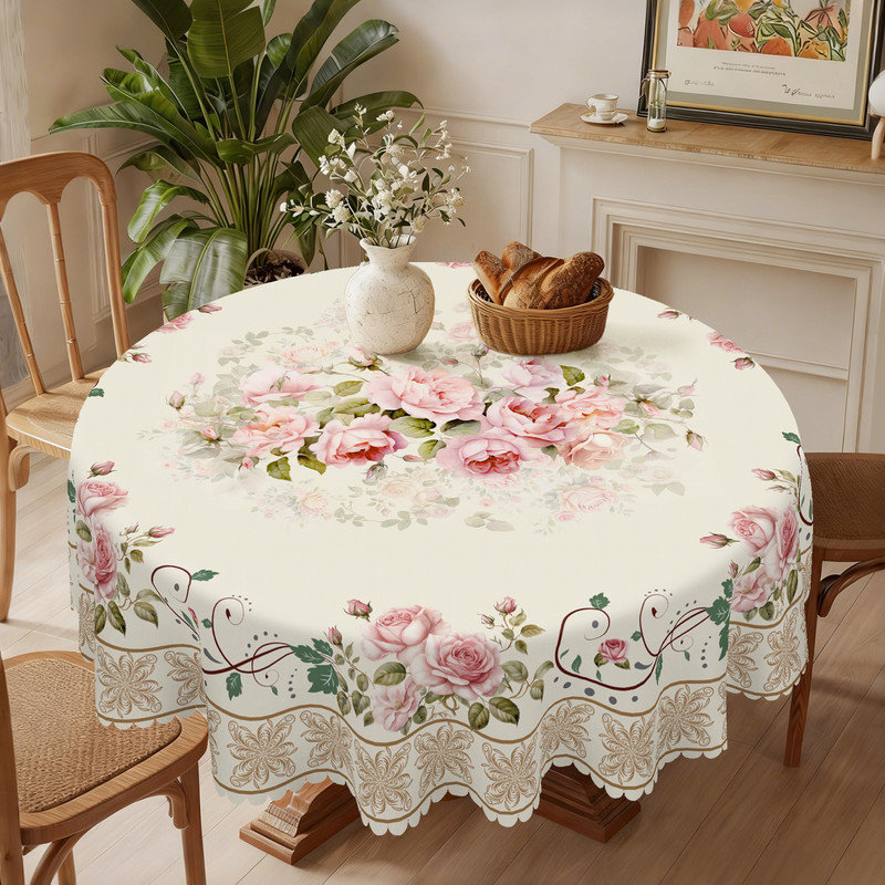 Pink Rose Floral Design Machine-Washable Polyester Tablecloth