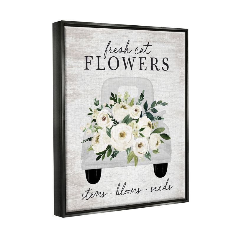 Fleurs fraîches coupées, œillets blancs, roses et camions par lettré et doublé - reproduction sur toile