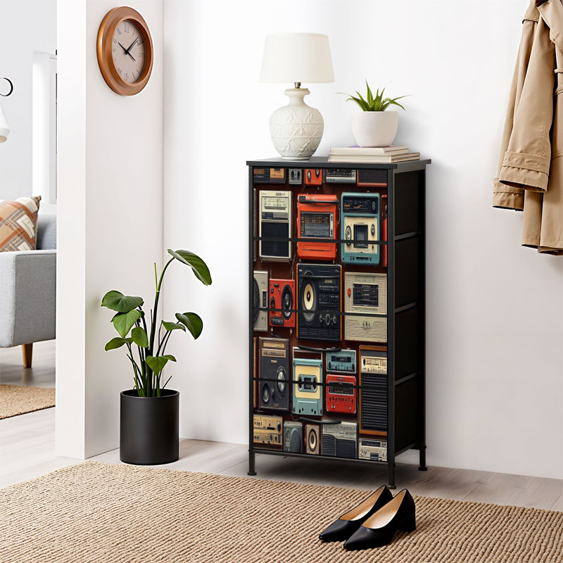 Commode pour chambre à coucher Commode pour garde-robe 3D rétro Boombox radio rétro années 80 Radios / lecteurs de cassettes Haut-parleurs Commodes et commodes de rangement en tissu et bacs de rangement avec 4 tiroirs