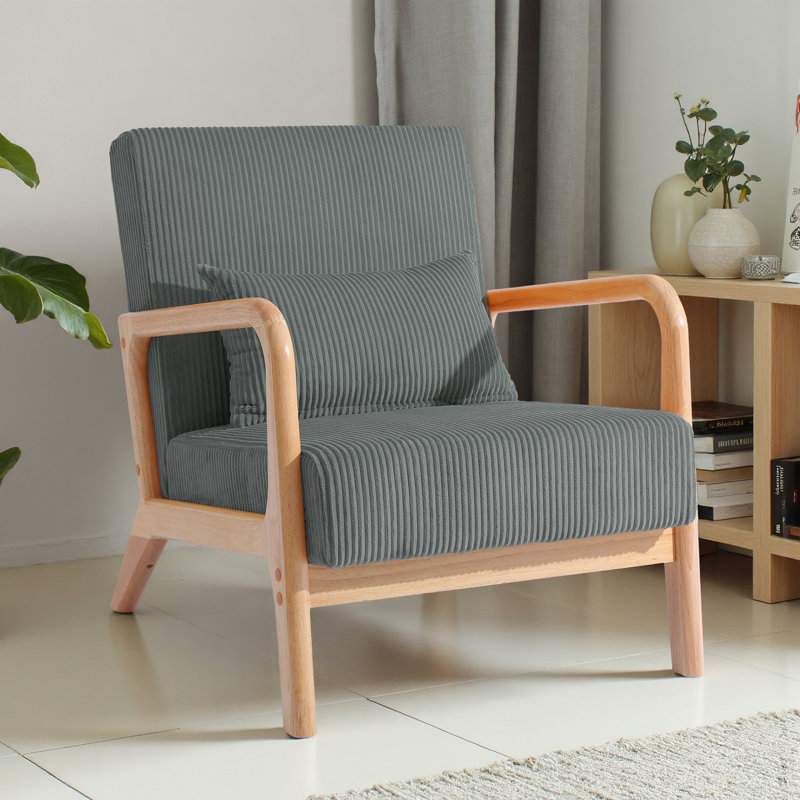 Fauteuil d'appoint Jyrin Mid Century, Velours côtelé gris, Bois naturel
